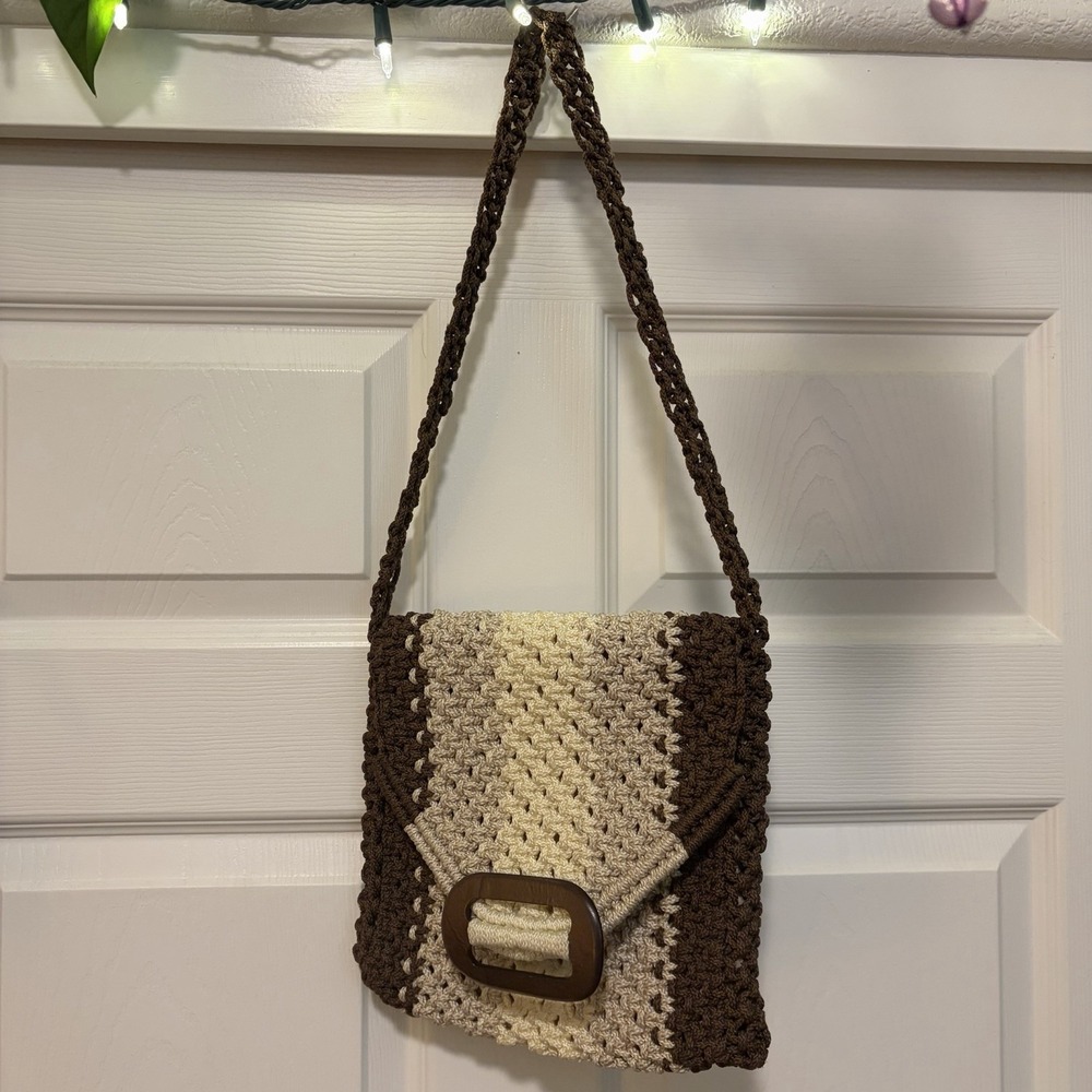 Brown Beige Colorblock Crochet Shoulder Bag with Buckle Closure & Lined Interior